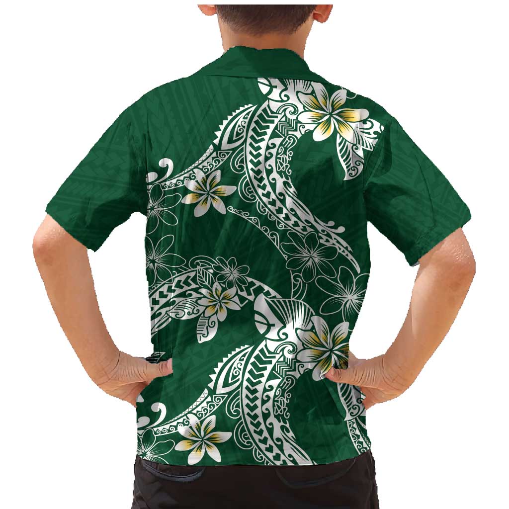 Polynesian Hawaiian Plumeria Tribal Pattern Family Matching Mermaid Dress and Hawaiian Shirt Green Version