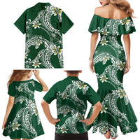 Polynesian Hawaiian Plumeria Tribal Pattern Family Matching Mermaid Dress and Hawaiian Shirt Green Version