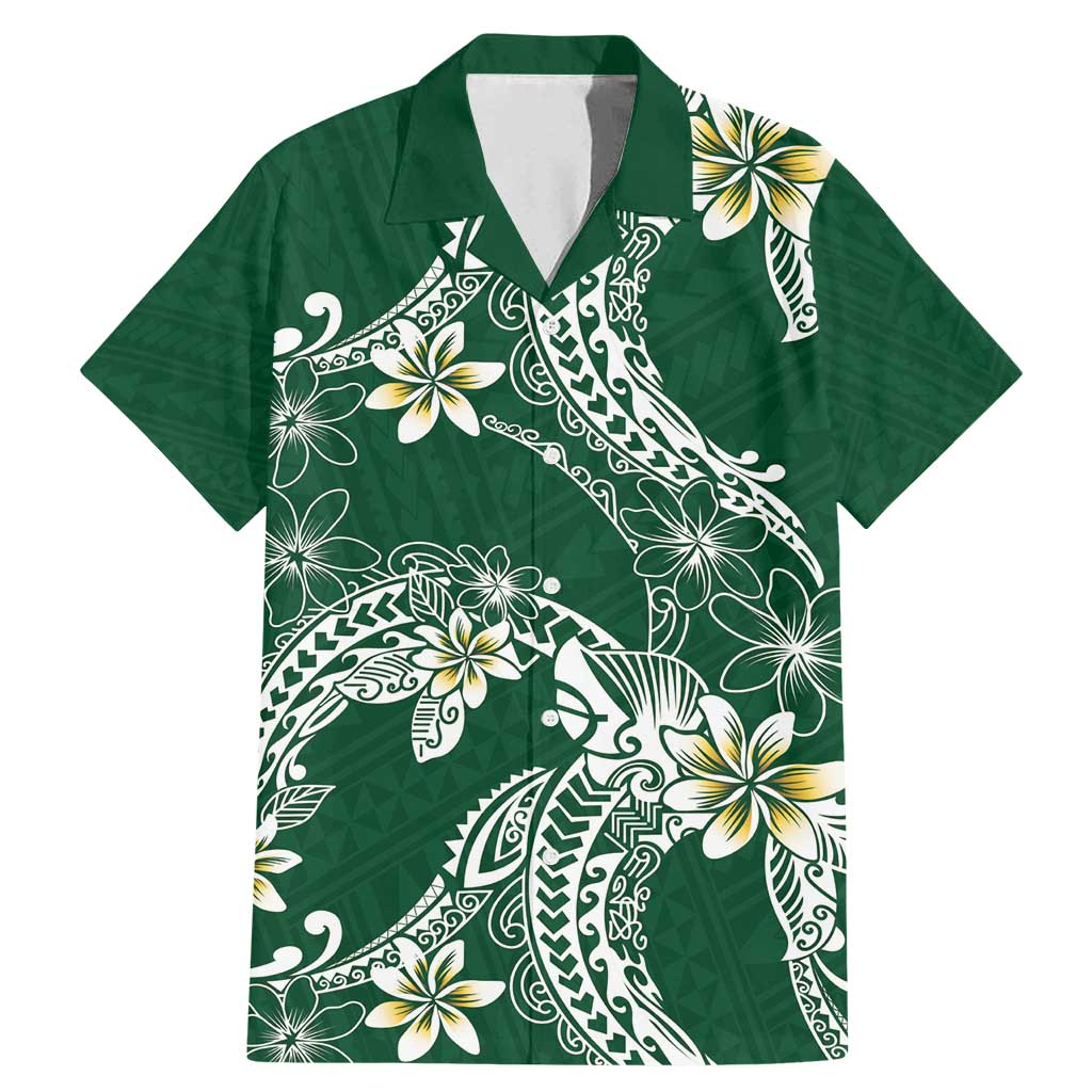 Polynesian Hawaiian Plumeria Tribal Pattern Family Matching Mermaid Dress and Hawaiian Shirt Green Version
