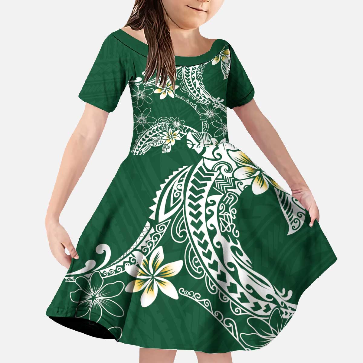 Polynesian Hawaiian Plumeria Tribal Pattern Family Matching Off The Shoulder Long Sleeve Dress and Hawaiian Shirt Green Version