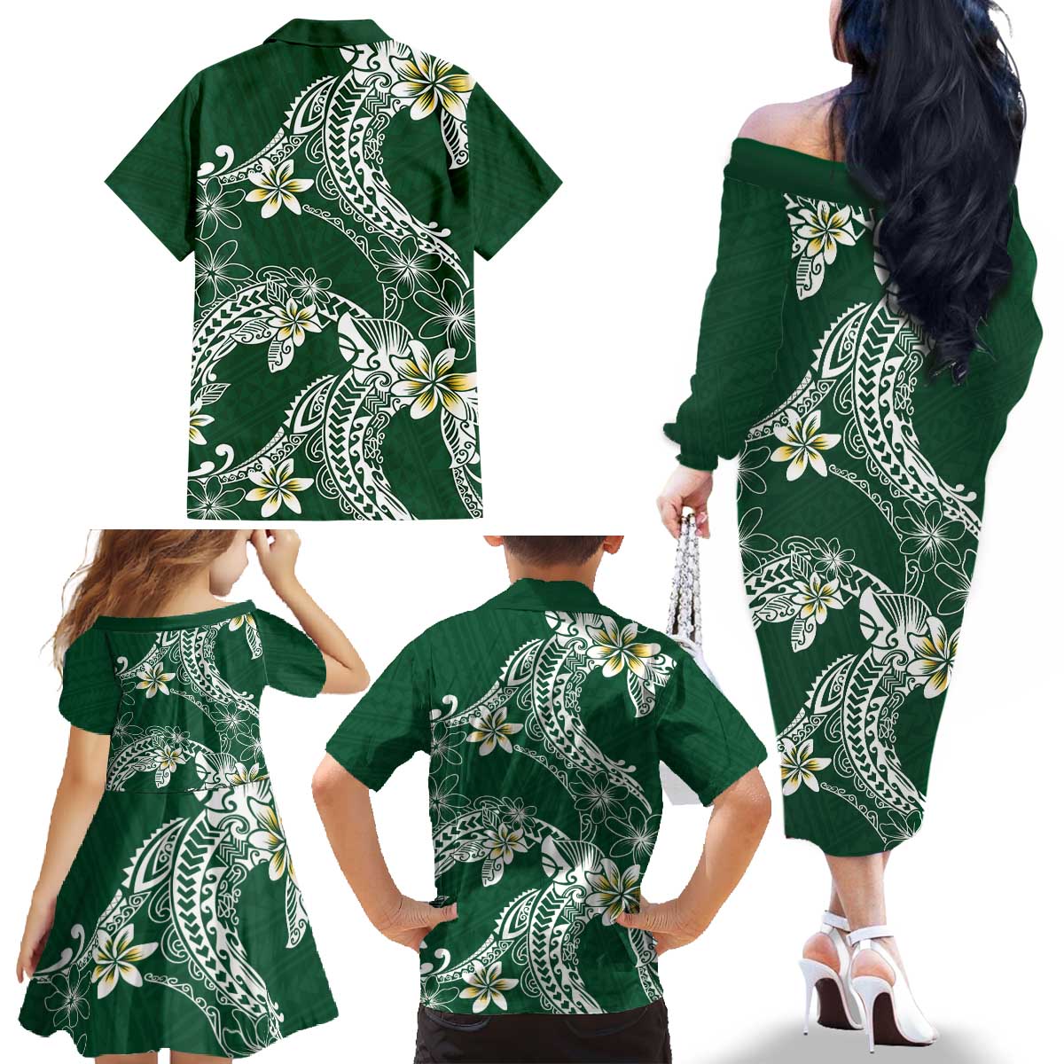 Polynesian Hawaiian Plumeria Tribal Pattern Family Matching Off The Shoulder Long Sleeve Dress and Hawaiian Shirt Green Version