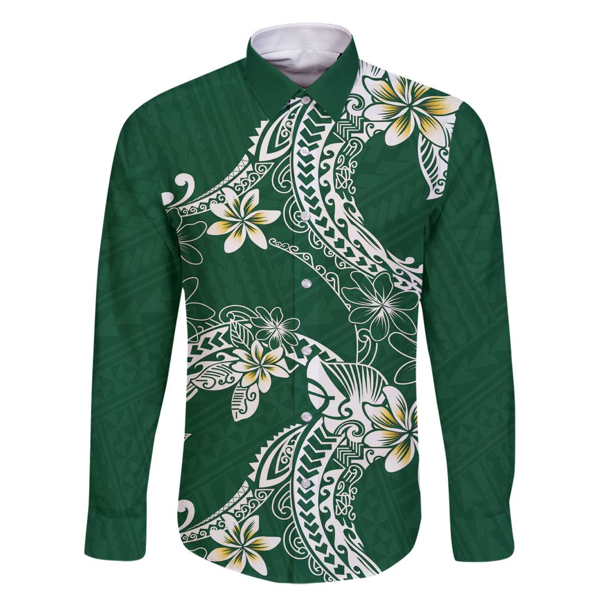 Polynesian Hawaiian Plumeria Tribal Pattern Family Matching Off The Shoulder Long Sleeve Dress and Hawaiian Shirt Green Version
