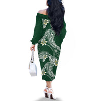 Polynesian Hawaiian Plumeria Tribal Pattern Family Matching Off The Shoulder Long Sleeve Dress and Hawaiian Shirt Green Version