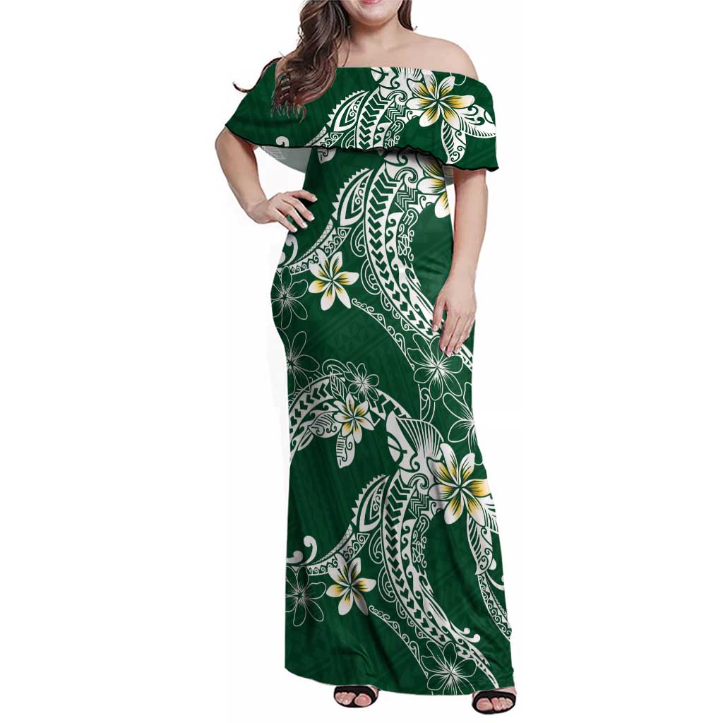 Polynesian Hawaiian Plumeria Tribal Pattern Family Matching Off Shoulder Maxi Dress and Hawaiian Shirt Green Version