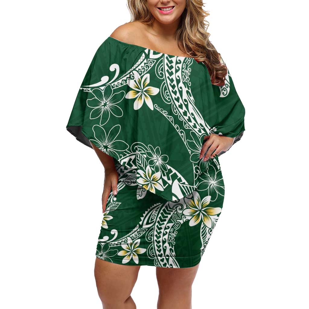 Polynesian Hawaiian Plumeria Tribal Pattern Family Matching Off Shoulder Short Dress and Hawaiian Shirt Green Version