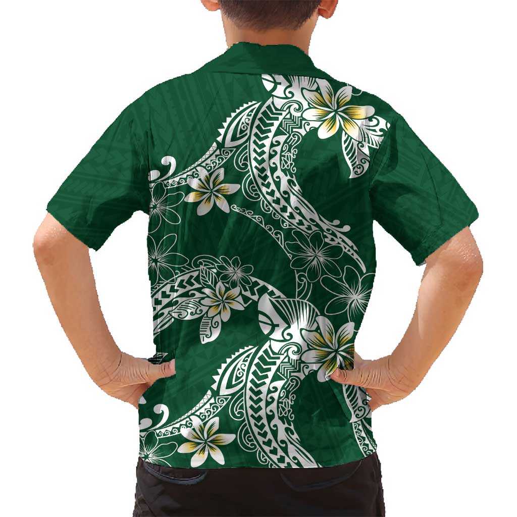 Polynesian Hawaiian Plumeria Tribal Pattern Family Matching Puletasi and Hawaiian Shirt Green Version