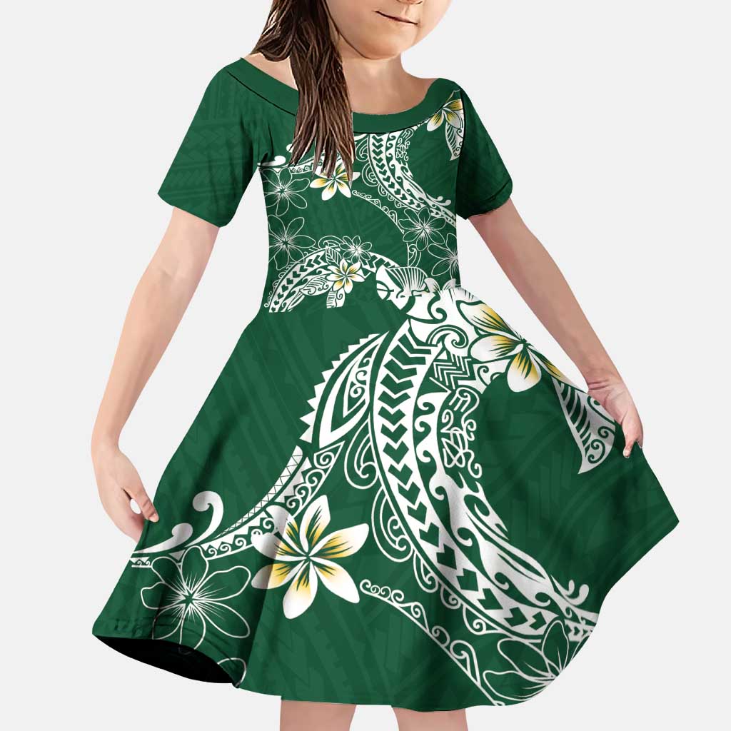 Polynesian Hawaiian Plumeria Tribal Pattern Family Matching Puletasi and Hawaiian Shirt Green Version