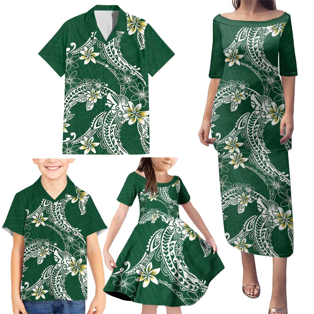 Polynesian Hawaiian Plumeria Tribal Pattern Family Matching Puletasi and Hawaiian Shirt Green Version