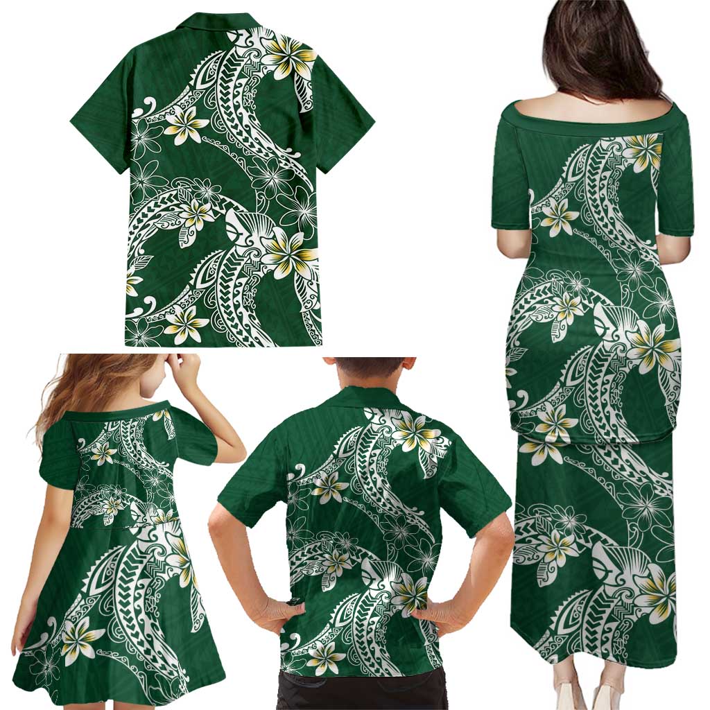 Polynesian Hawaiian Plumeria Tribal Pattern Family Matching Puletasi and Hawaiian Shirt Green Version