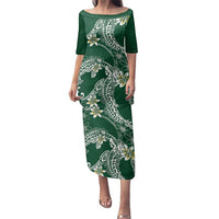 Polynesian Hawaiian Plumeria Tribal Pattern Family Matching Puletasi and Hawaiian Shirt Green Version