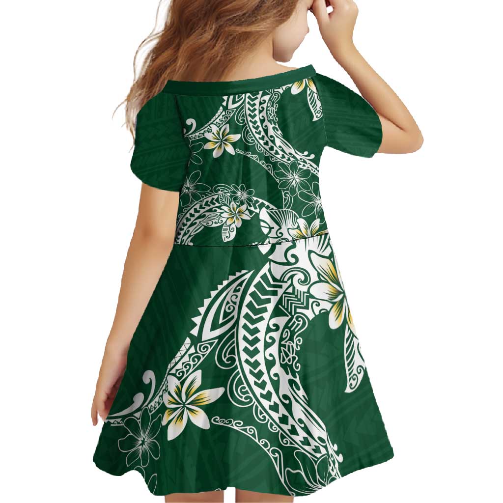 Polynesian Hawaiian Plumeria Tribal Pattern Family Matching Short Sleeve Bodycon Dress and Hawaiian Shirt Green Version