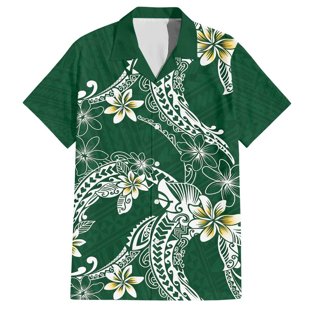 Polynesian Hawaiian Plumeria Tribal Pattern Family Matching Short Sleeve Bodycon Dress and Hawaiian Shirt Green Version