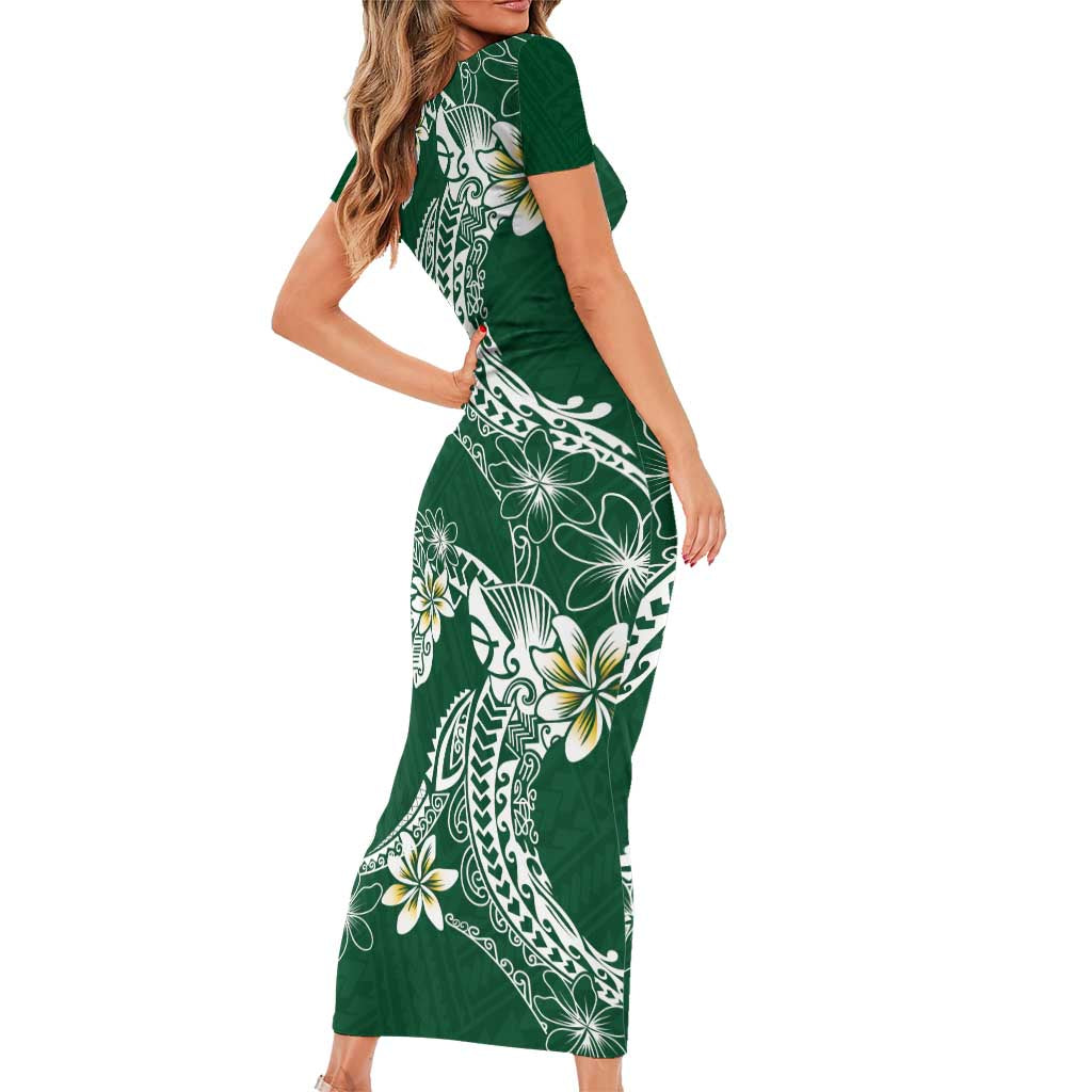 Polynesian Hawaiian Plumeria Tribal Pattern Family Matching Short Sleeve Bodycon Dress and Hawaiian Shirt Green Version