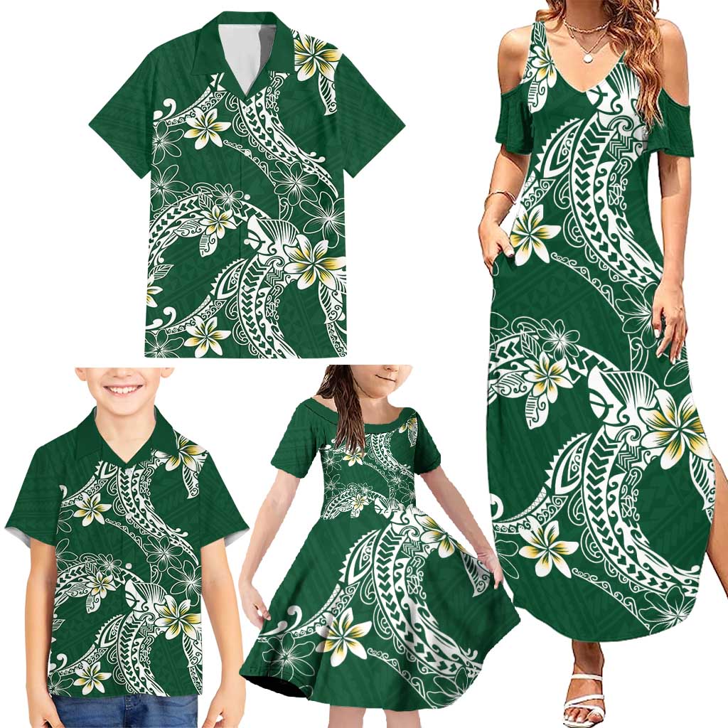 Polynesian Hawaiian Plumeria Tribal Pattern Family Matching Summer Maxi Dress and Hawaiian Shirt Green Version