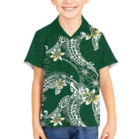 Polynesian Hawaiian Plumeria Tribal Pattern Family Matching Summer Maxi Dress and Hawaiian Shirt Green Version