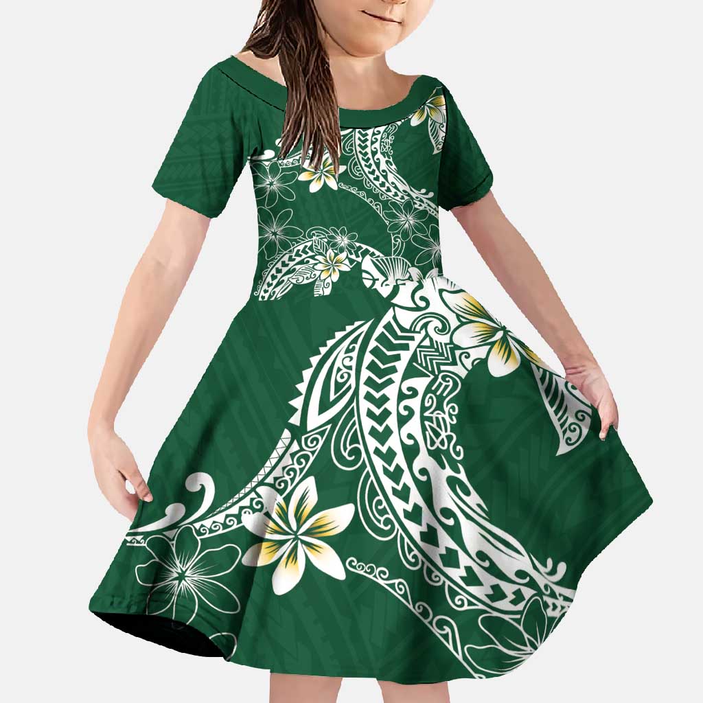 Polynesian Hawaiian Plumeria Tribal Pattern Family Matching Tank Maxi Dress and Hawaiian Shirt Green Version