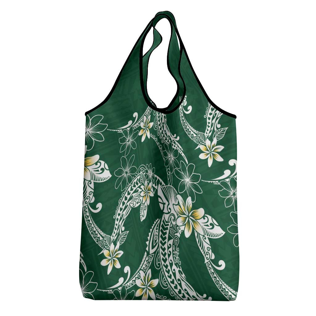 Polynesian Hawaiian Plumeria Tribal Pattern Grocery Bag Green Version