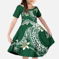 Polynesian Hawaiian Plumeria Tribal Pattern Kid Short Sleeve Dress Green Version