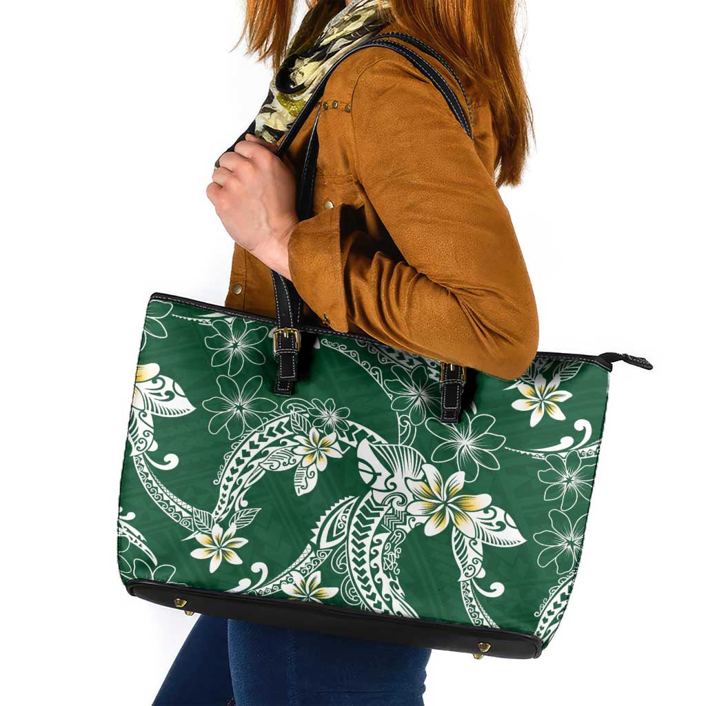 Polynesian Hawaiian Plumeria Tribal Pattern Leather Tote Bag Green Version