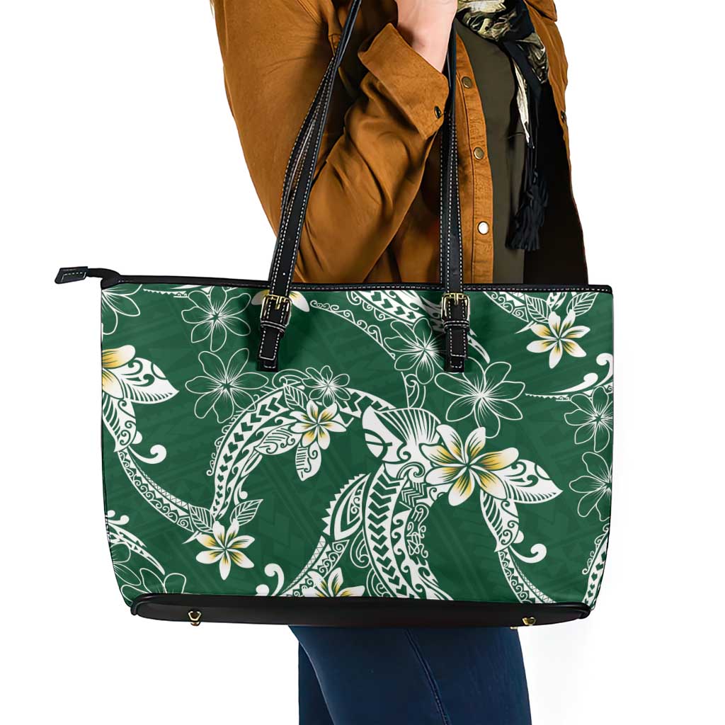 Polynesian Hawaiian Plumeria Tribal Pattern Leather Tote Bag Green Version