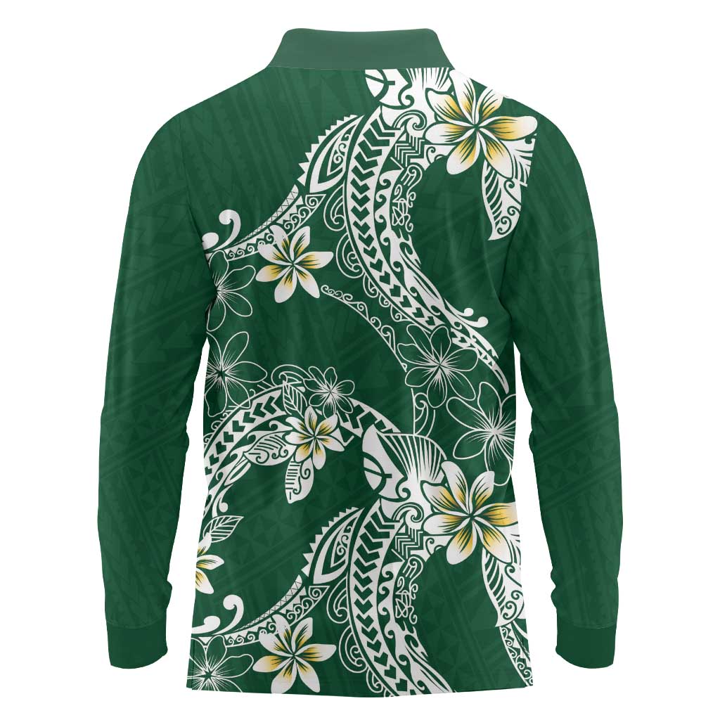 Polynesian Hawaiian Plumeria Tribal Pattern Long Sleeve Polo Shirt Green Version LT01 - Polynesian Pride