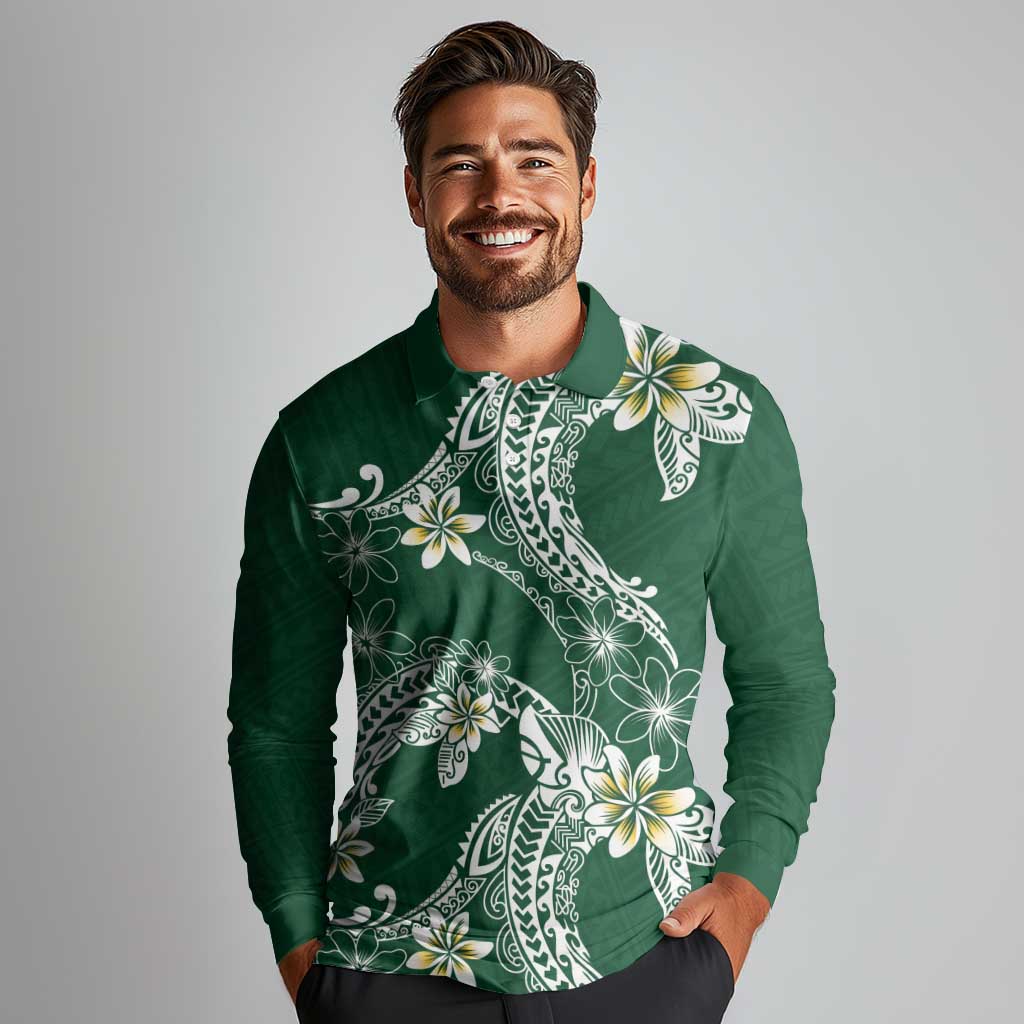 Polynesian Hawaiian Plumeria Tribal Pattern Long Sleeve Polo Shirt Green Version LT01 - Polynesian Pride