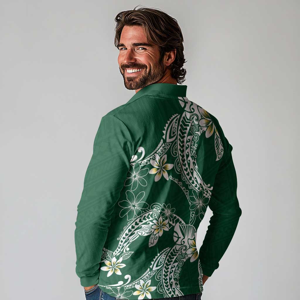 Polynesian Hawaiian Plumeria Tribal Pattern Long Sleeve Polo Shirt Green Version LT01 - Polynesian Pride