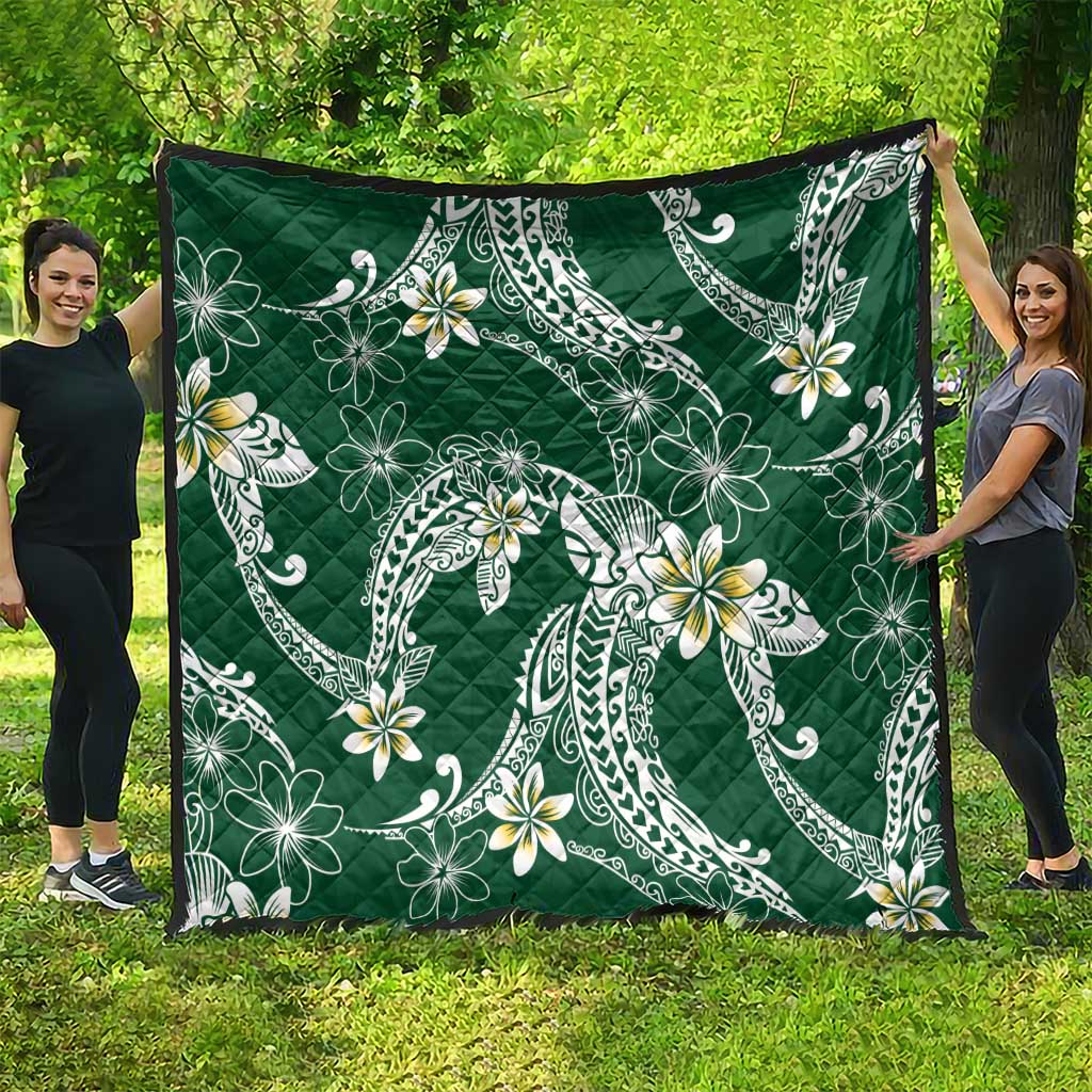 Polynesian Hawaiian Plumeria Tribal Pattern Quilt Green Version