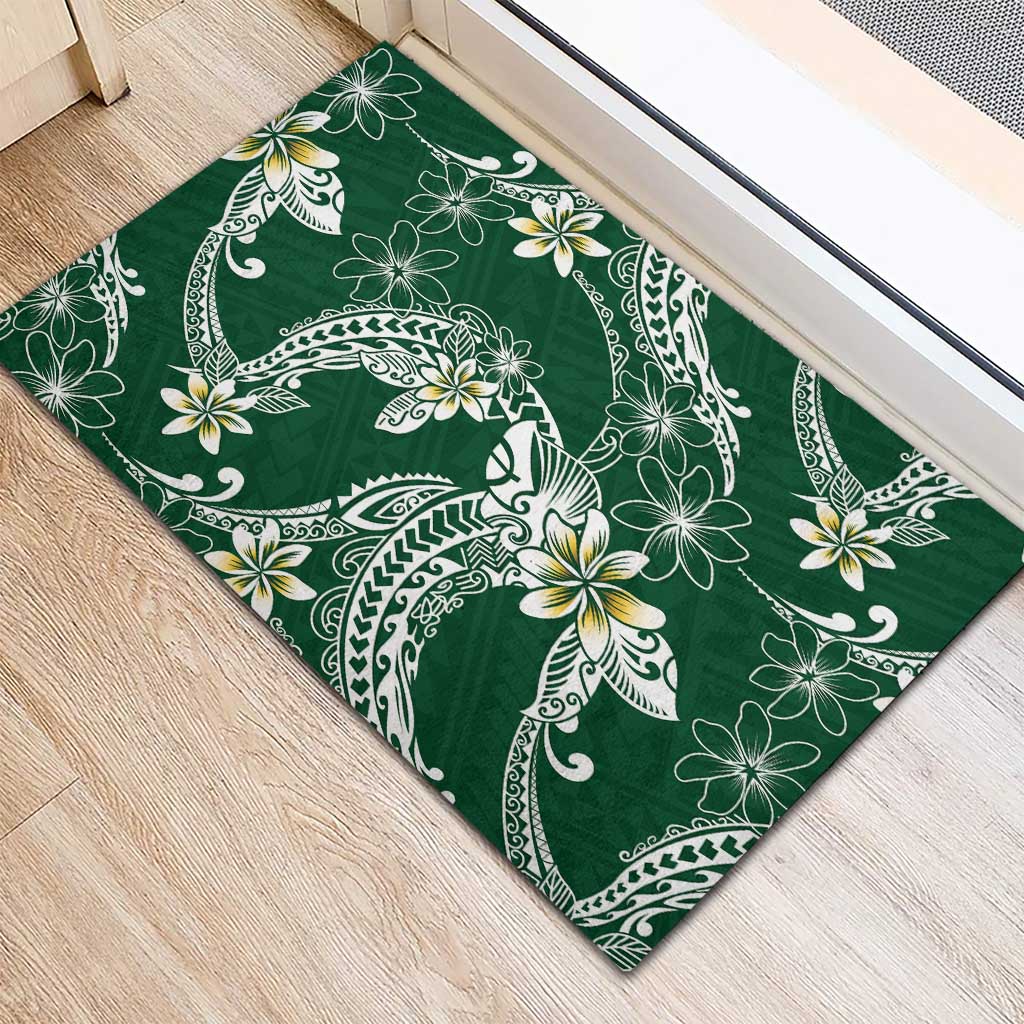Polynesian Hawaiian Plumeria Tribal Pattern Rubber Doormat Green Version