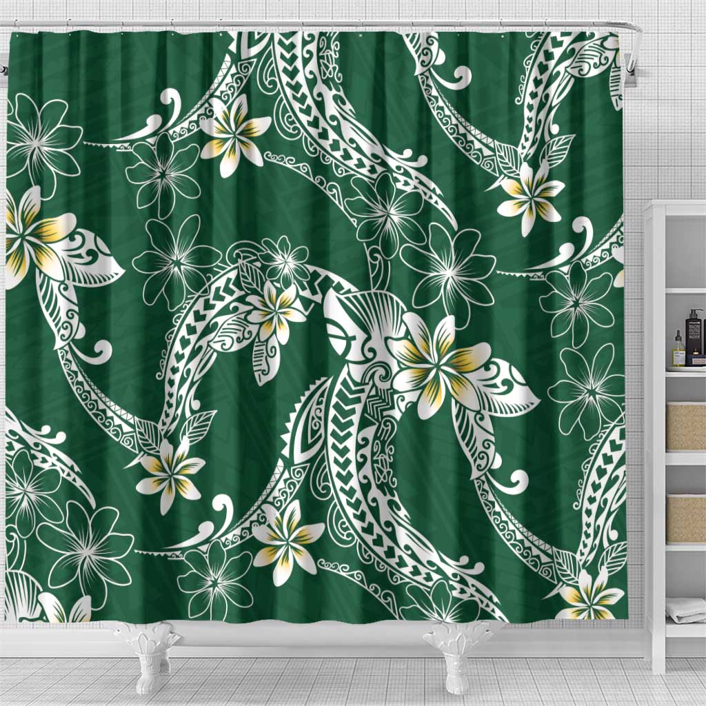 Polynesian Hawaiian Plumeria Tribal Pattern Shower Curtain Green Version