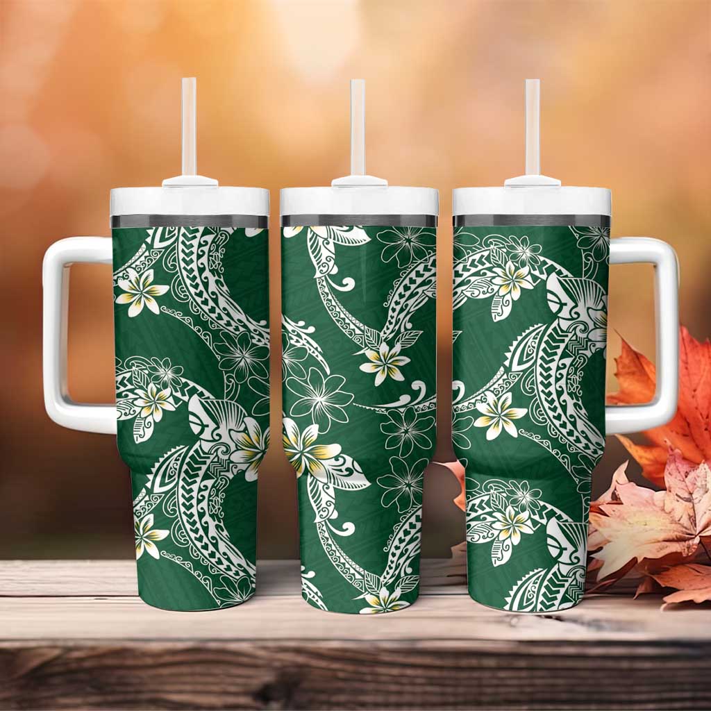 Polynesian Hawaiian Plumeria Tribal Pattern Tumbler With Handle Green Version