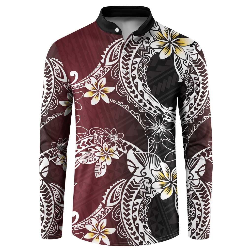 Polynesian Hawaiian Plumeria Tribal Pattern Button Sweatshirt Special Wine Red Version