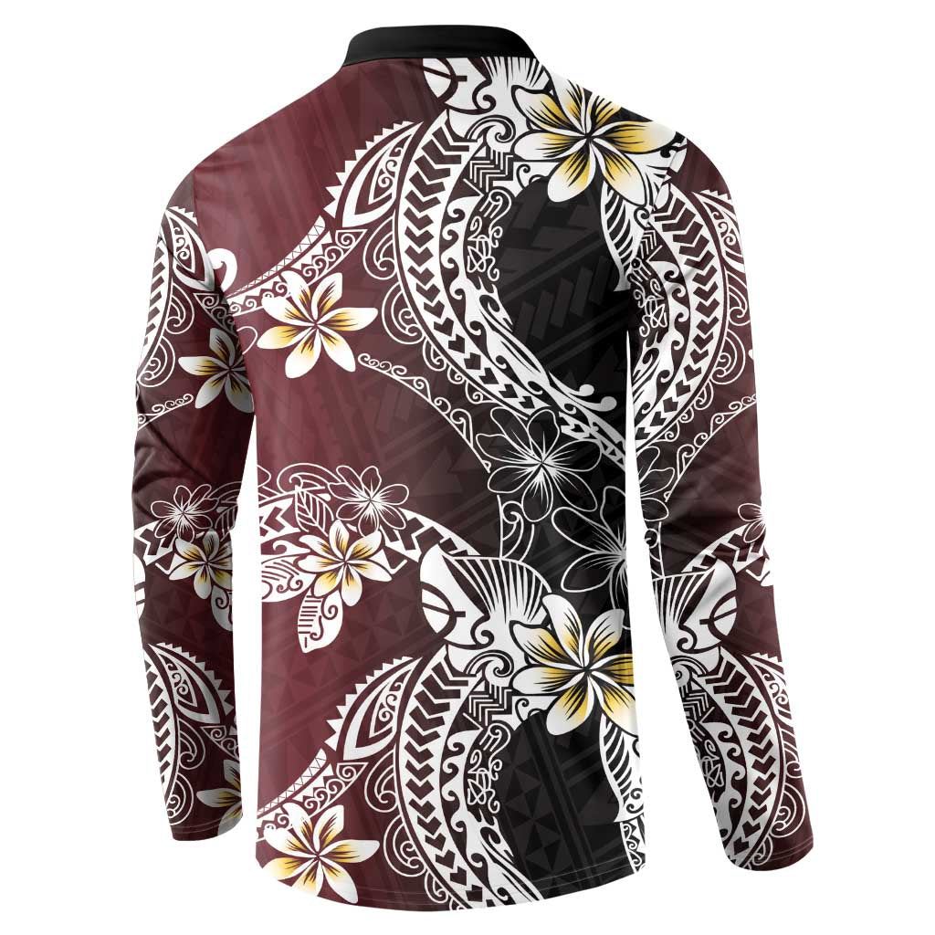 Polynesian Hawaiian Plumeria Tribal Pattern Button Sweatshirt Special Wine Red Version