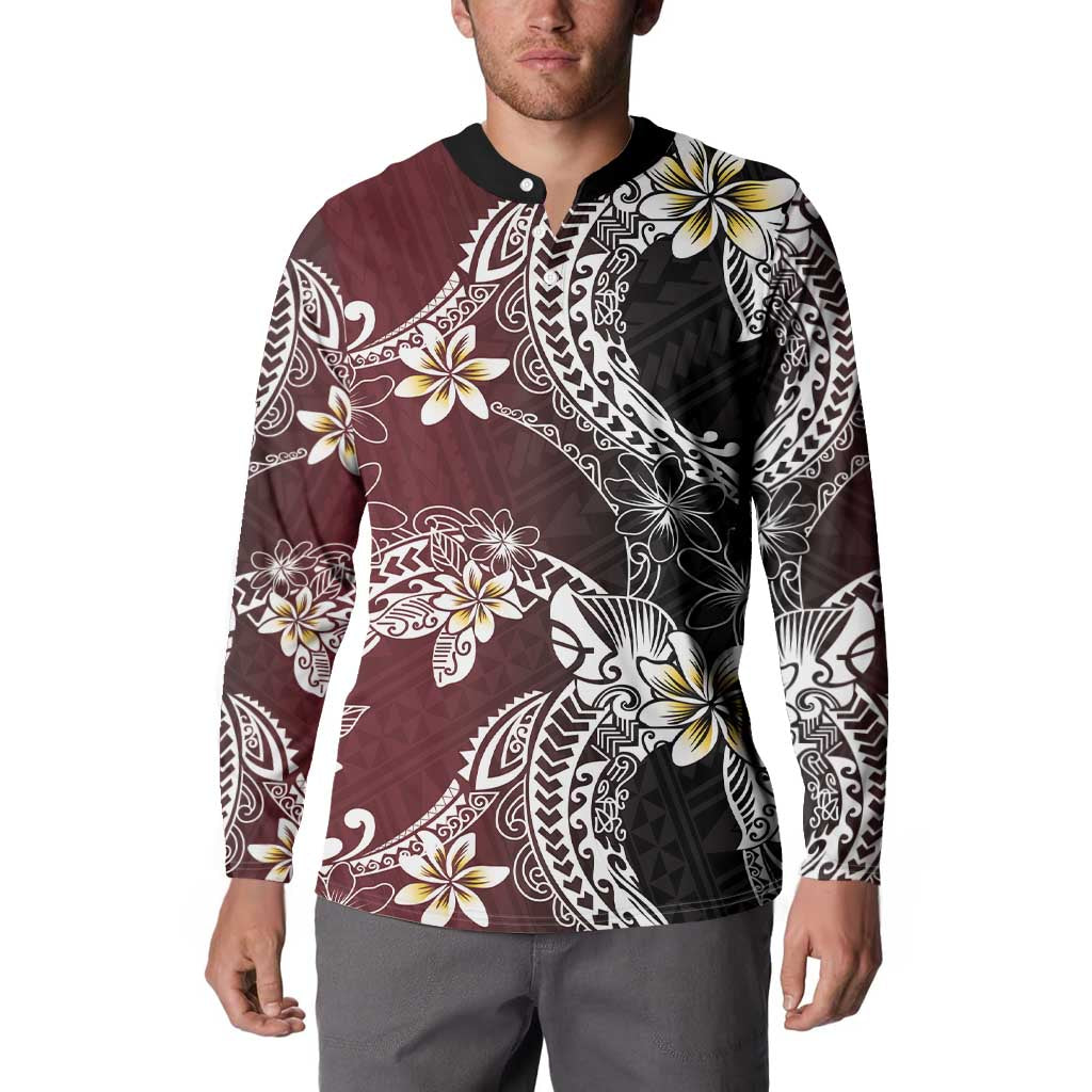 Polynesian Hawaiian Plumeria Tribal Pattern Button Sweatshirt Special Wine Red Version