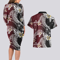 Polynesian Hawaiian Plumeria Tribal Pattern Couples Matching Long Sleeve Bodycon Dress and Hawaiian Shirt Special Wine Red Version