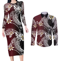Polynesian Hawaiian Plumeria Tribal Pattern Couples Matching Long Sleeve Bodycon Dress and Long Sleeve Button Shirt Special Wine Red Version