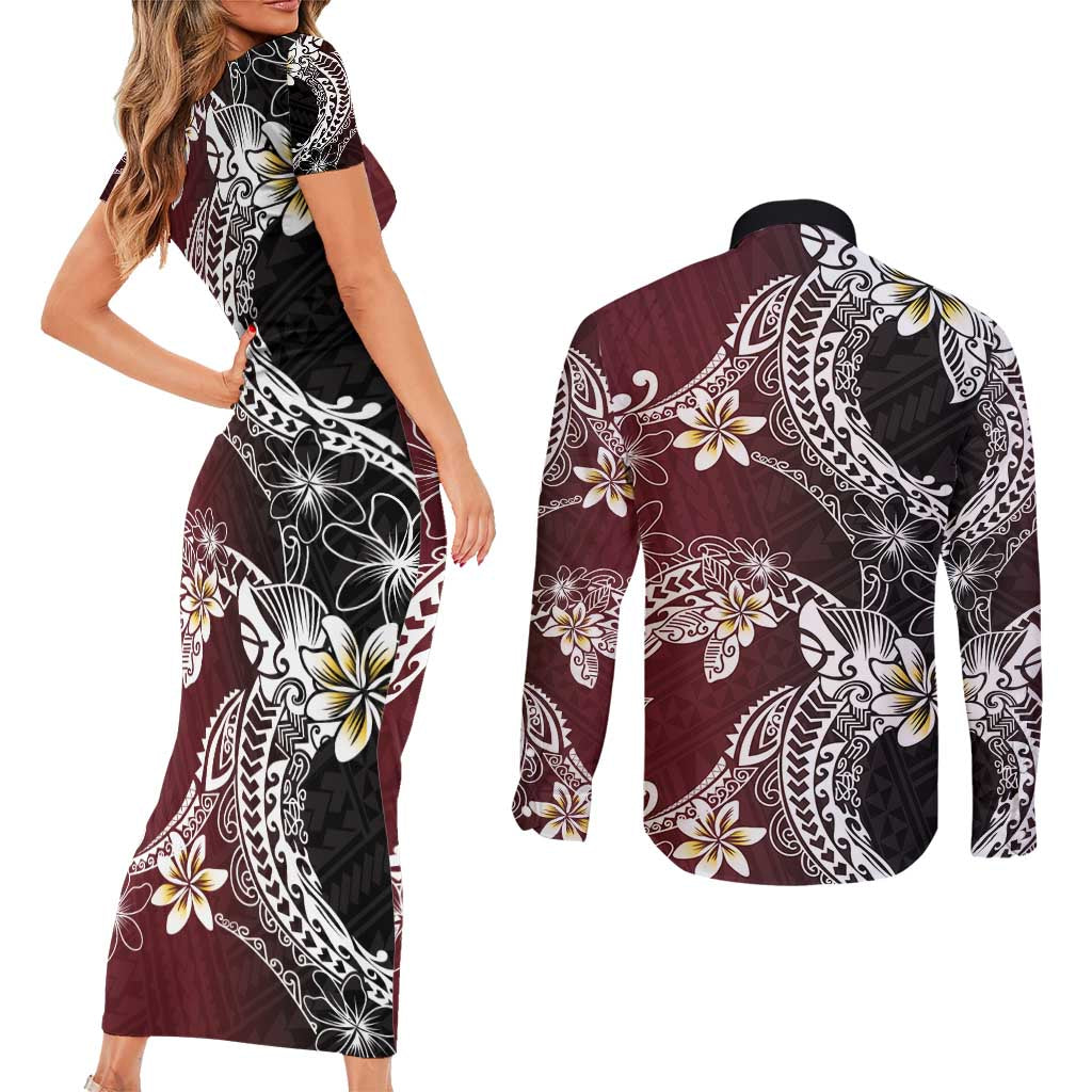 Polynesian Hawaiian Plumeria Tribal Pattern Couples Matching Short Sleeve Bodycon Dress and Long Sleeve Button Shirt Special Wine Red Version