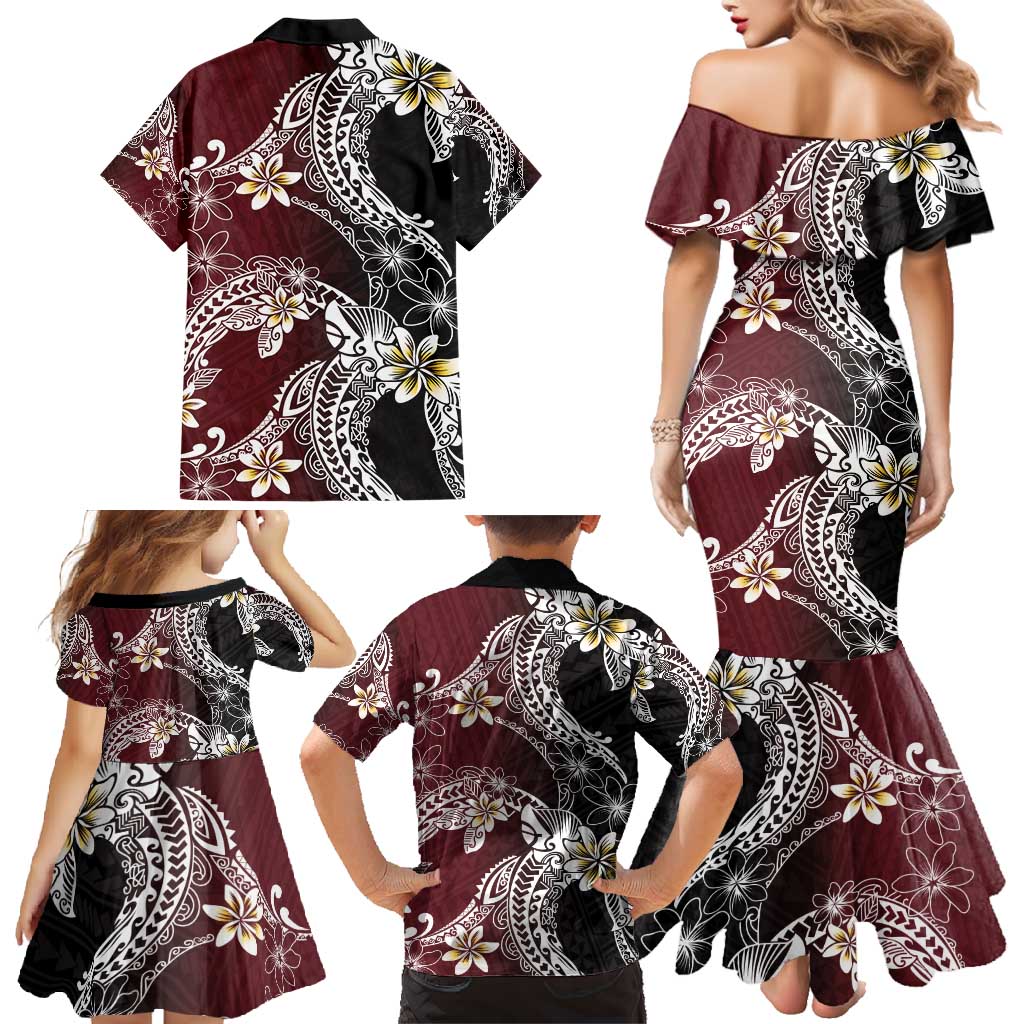 Polynesian Hawaiian Plumeria Tribal Pattern Family Matching Mermaid Dress and Hawaiian Shirt Special Wine Red Version
