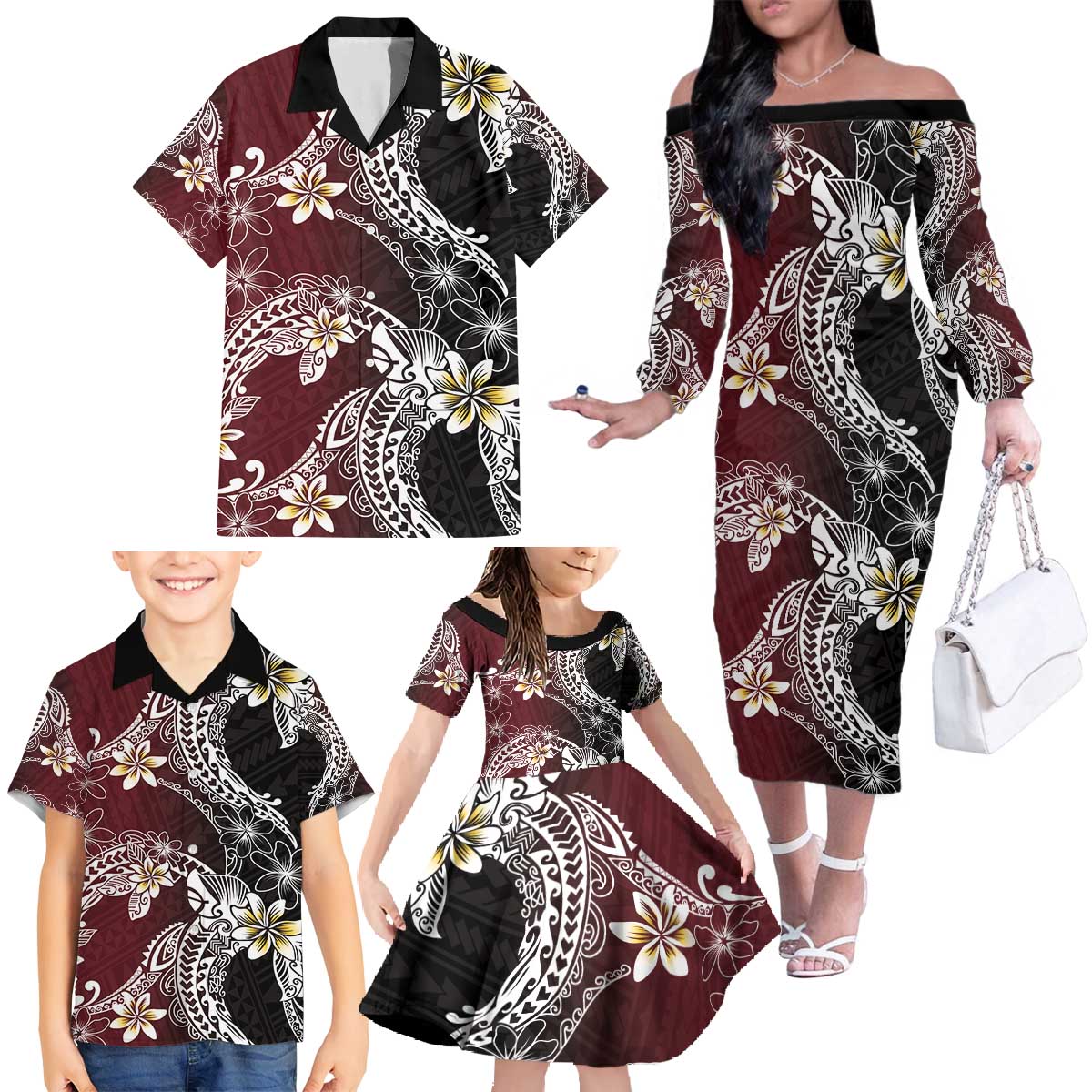 Polynesian Hawaiian Plumeria Tribal Pattern Family Matching Off The Shoulder Long Sleeve Dress and Hawaiian Shirt Special Wine Red Version