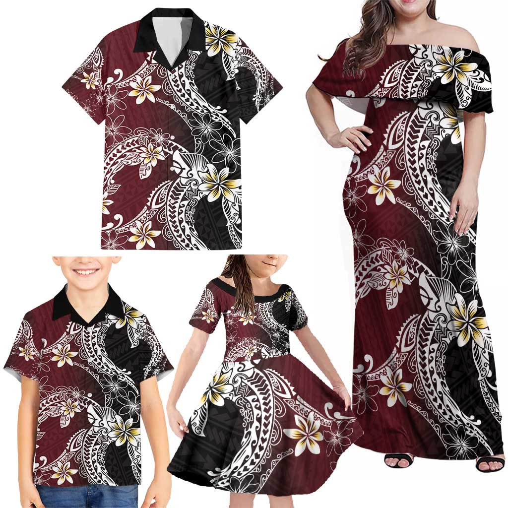 Polynesian Hawaiian Plumeria Tribal Pattern Family Matching Off Shoulder Maxi Dress and Hawaiian Shirt Special Wine Red Version