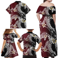Polynesian Hawaiian Plumeria Tribal Pattern Family Matching Off Shoulder Maxi Dress and Hawaiian Shirt Special Wine Red Version