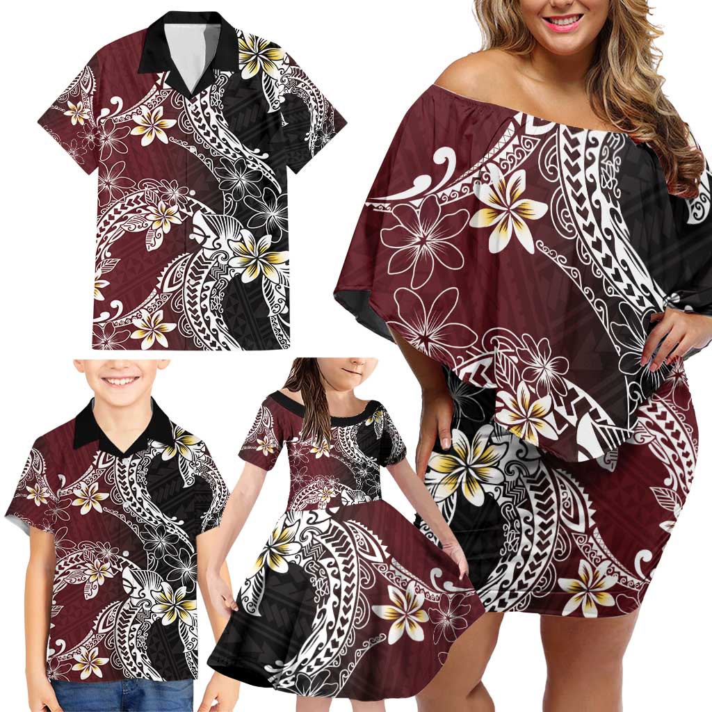Polynesian Hawaiian Plumeria Tribal Pattern Family Matching Off Shoulder Short Dress and Hawaiian Shirt Special Wine Red Version