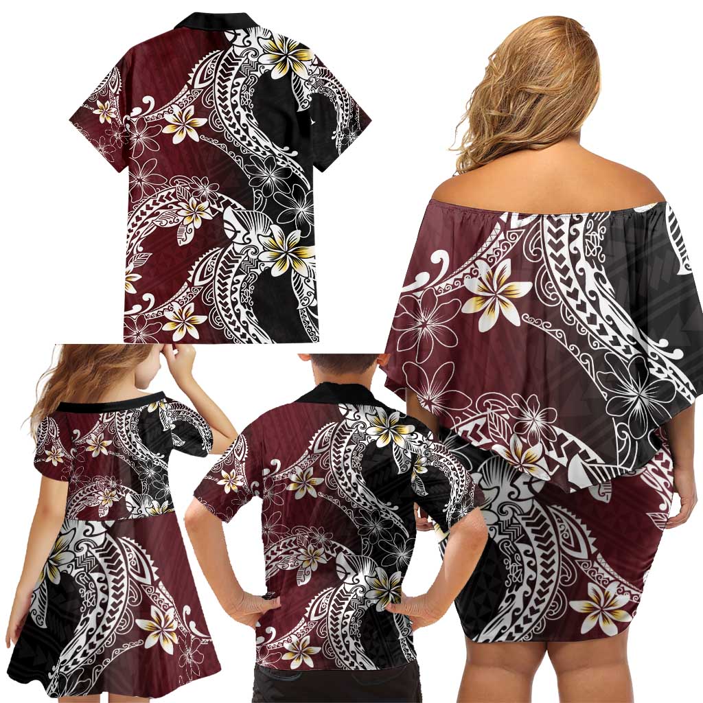 Polynesian Hawaiian Plumeria Tribal Pattern Family Matching Off Shoulder Short Dress and Hawaiian Shirt Special Wine Red Version