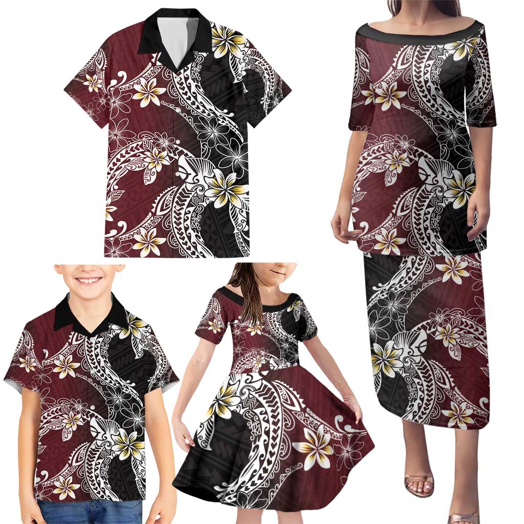Polynesian Hawaiian Plumeria Tribal Pattern Family Matching Puletasi and Hawaiian Shirt Special Wine Red Version
