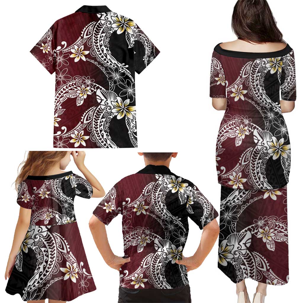 Polynesian Hawaiian Plumeria Tribal Pattern Family Matching Puletasi and Hawaiian Shirt Special Wine Red Version