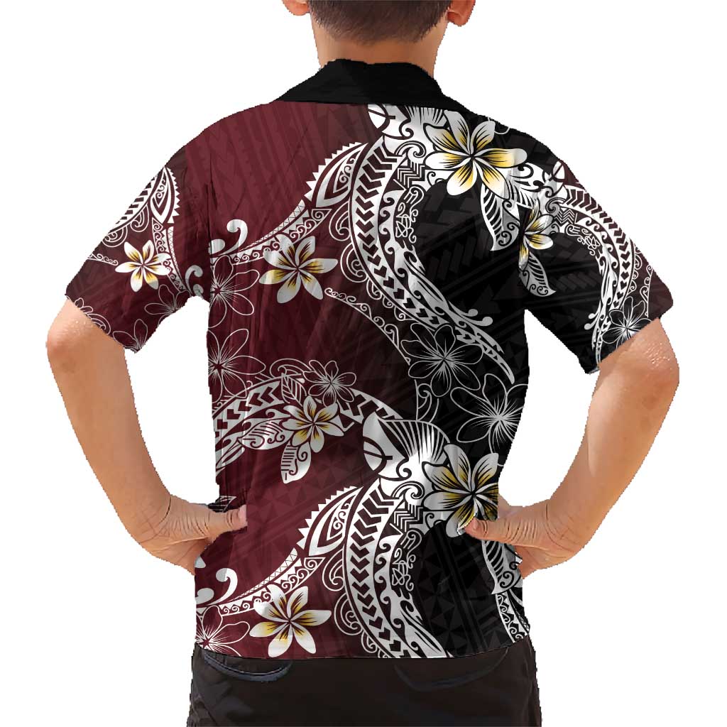 Polynesian Hawaiian Plumeria Tribal Pattern Family Matching Short Sleeve Bodycon Dress and Hawaiian Shirt Special Wine Red Version
