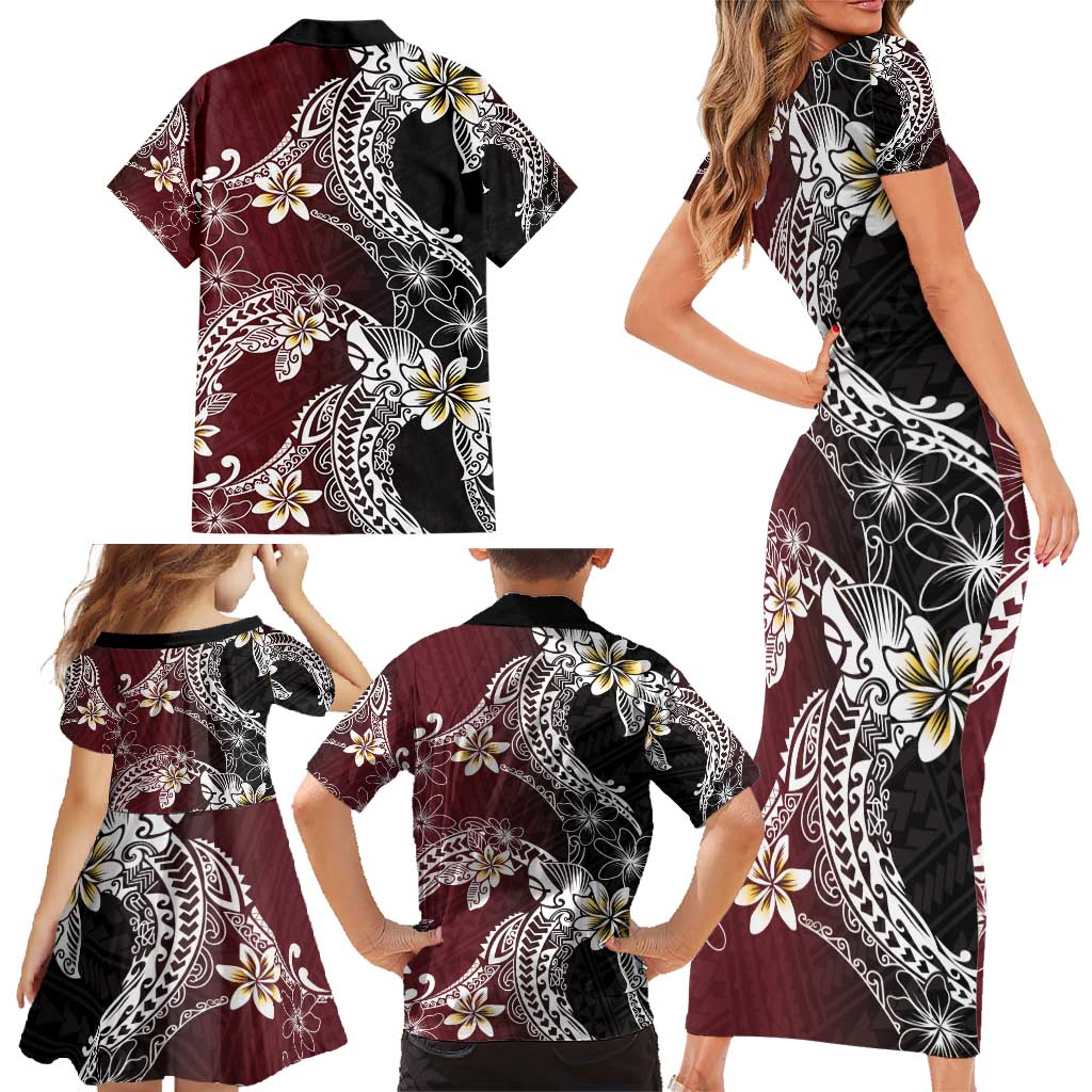 Polynesian Hawaiian Plumeria Tribal Pattern Family Matching Short Sleeve Bodycon Dress and Hawaiian Shirt Special Wine Red Version