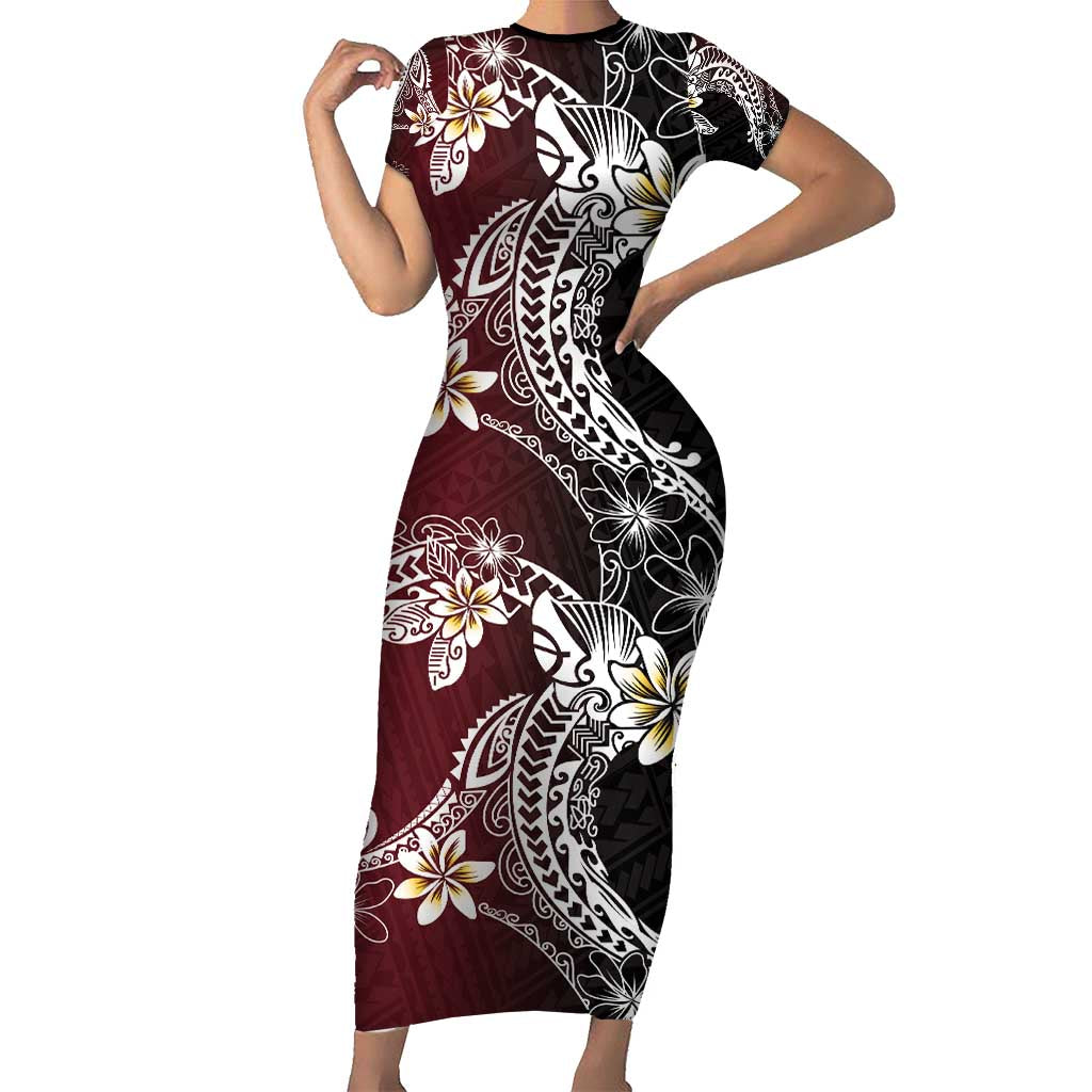 Polynesian Hawaiian Plumeria Tribal Pattern Family Matching Short Sleeve Bodycon Dress and Hawaiian Shirt Special Wine Red Version