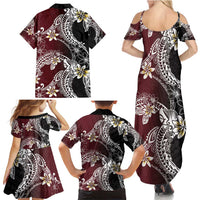 Polynesian Hawaiian Plumeria Tribal Pattern Family Matching Summer Maxi Dress and Hawaiian Shirt Special Wine Red Version