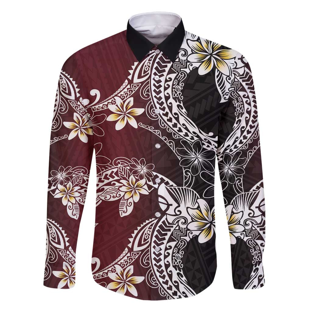 Polynesian Hawaiian Plumeria Tribal Pattern Family Matching Tank Maxi Dress and Hawaiian Shirt Special Wine Red Version